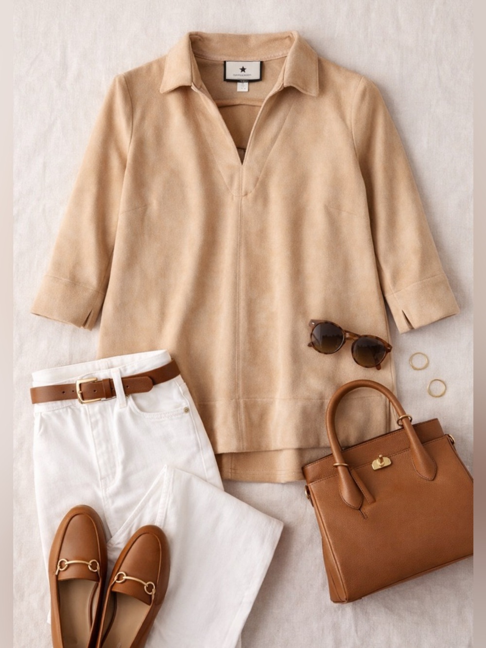 Tuckernuck Faux Suede Top M Tan Collared Tunic Split Hem Minimalist